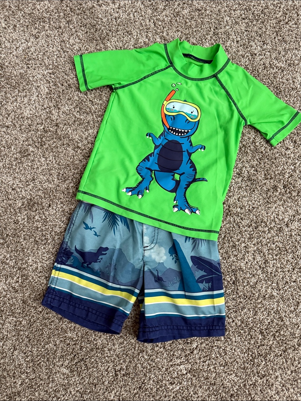 Carter's Bright Green Dino Rashguard Swim Set with Blue Shorts 3T
